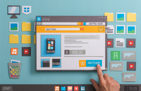 Online shopping website with product pictures and price in a browser window, the user is adding the item to the shopping cart, collage and paper cut composition